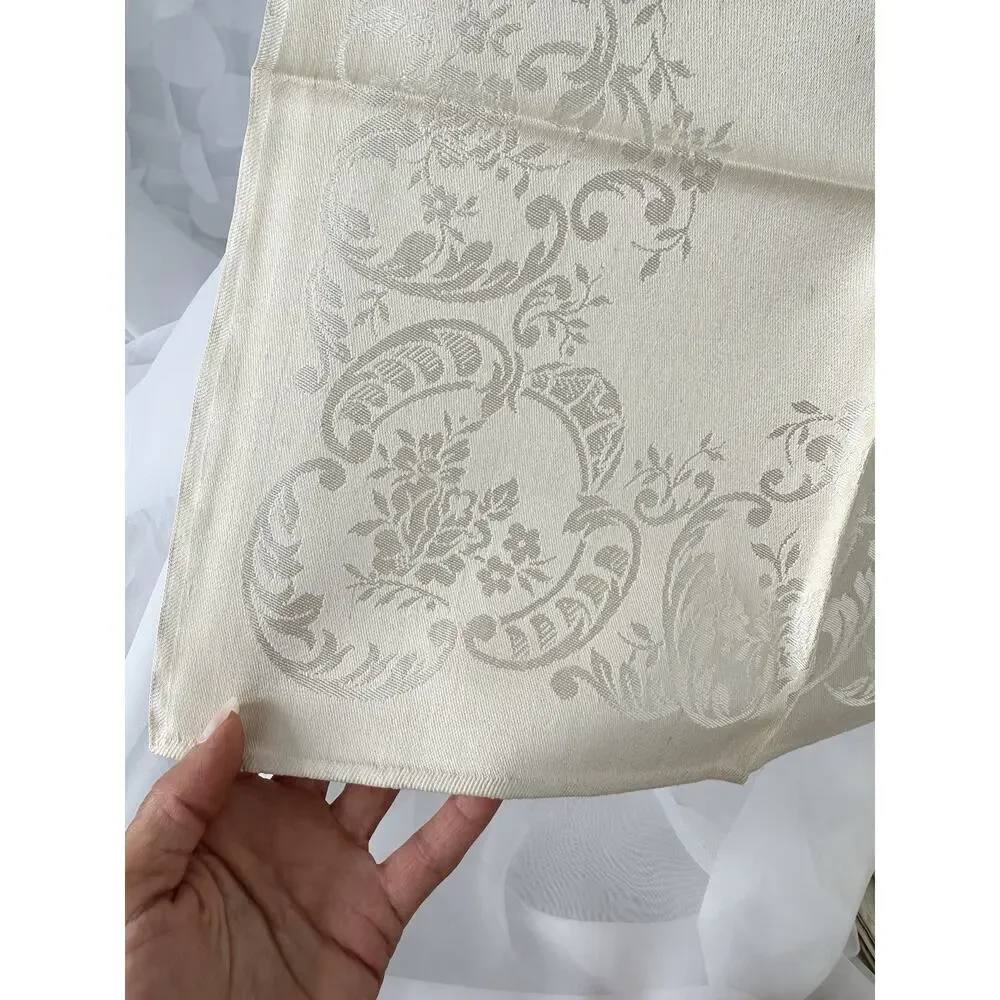 Vtg Beige Linen Double Damask Tablecloth 8 Napkins Floral Garlands Acanthus